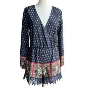 Women's Romeo & Juliet Couture Navy Geometric Tribal Embroidered Romper sz Small